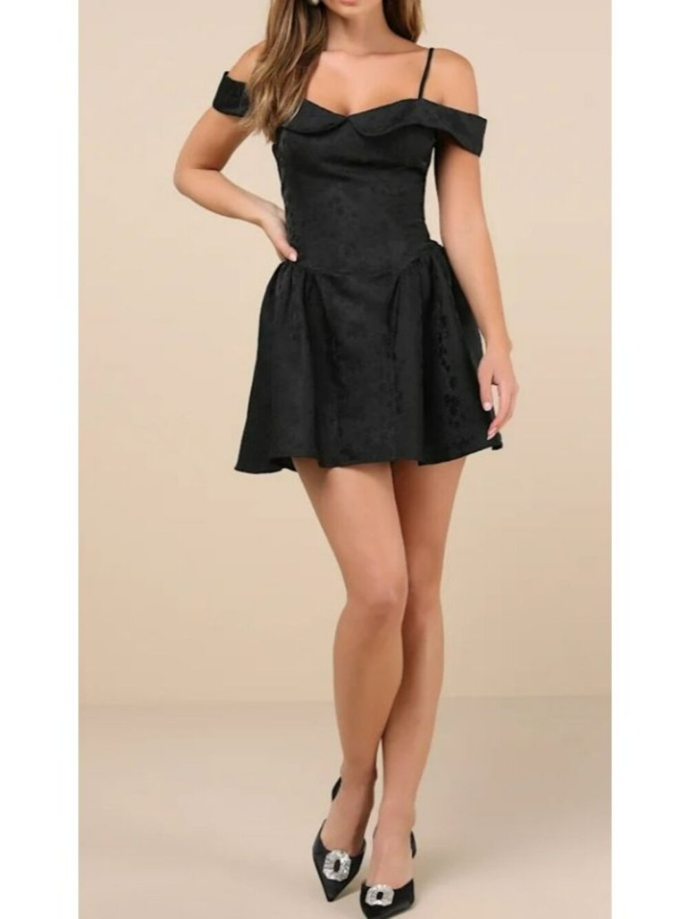 Lulus Black Floral Jacquard Off-Shoulder Dress Straps - Size L polyester blend